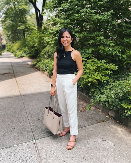 Black square neck tank (XS)
Black tank top
White pants (4P)
White work pants
Gold initial necklace
Taupe tote bag
Kate Spade All Day tote bag
Brown mule sandals (TTS)
Neutral outfit
Business casual outfit 
Smart casual outfit 
Summer work outfit 
Ann Taylor 

#LTKworkwear #LTKFind #LTKunder50
