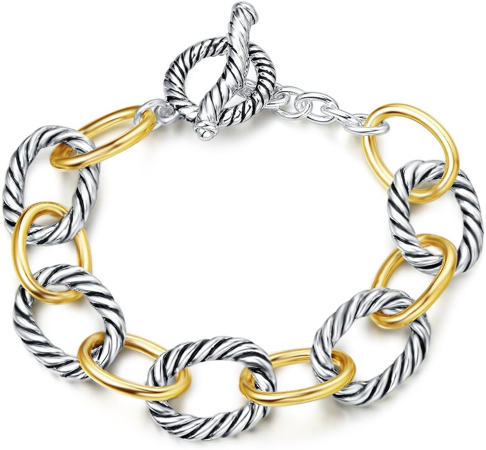 UNY JEWEL Twisted Cable Wire Link Chain Bracelet Two Tone Designer Brand Inspired Women Jewelry Valentine (2 Tone) | Amazon (US)