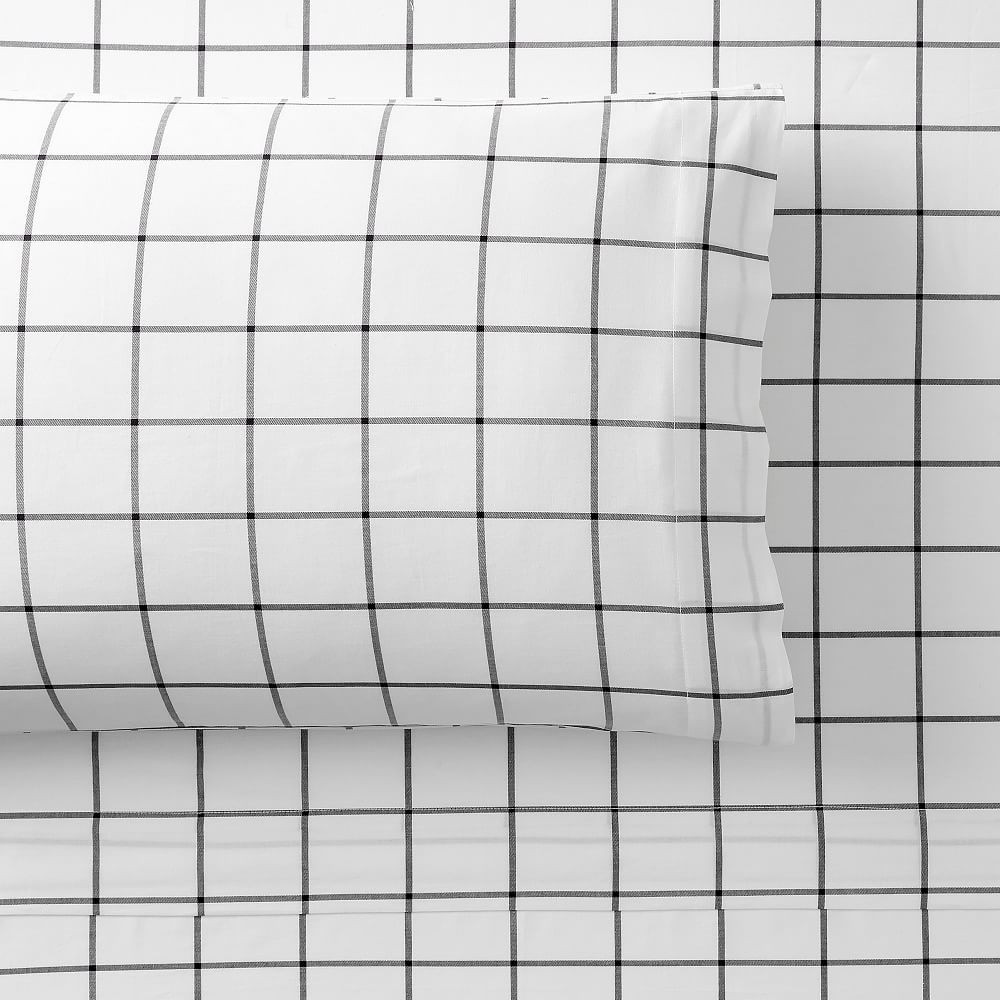 Organic Boxter Plaid Sheet Set, Queen, White/Onyx | Pottery Barn Teen