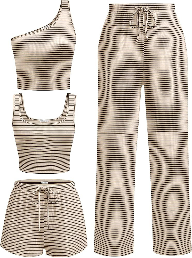 Ekouaer Womens 4 Piece Lounge Sets Ribbed Knit Crop Tank Top and Shorts Pants Casual Outfits | Amazon (US)