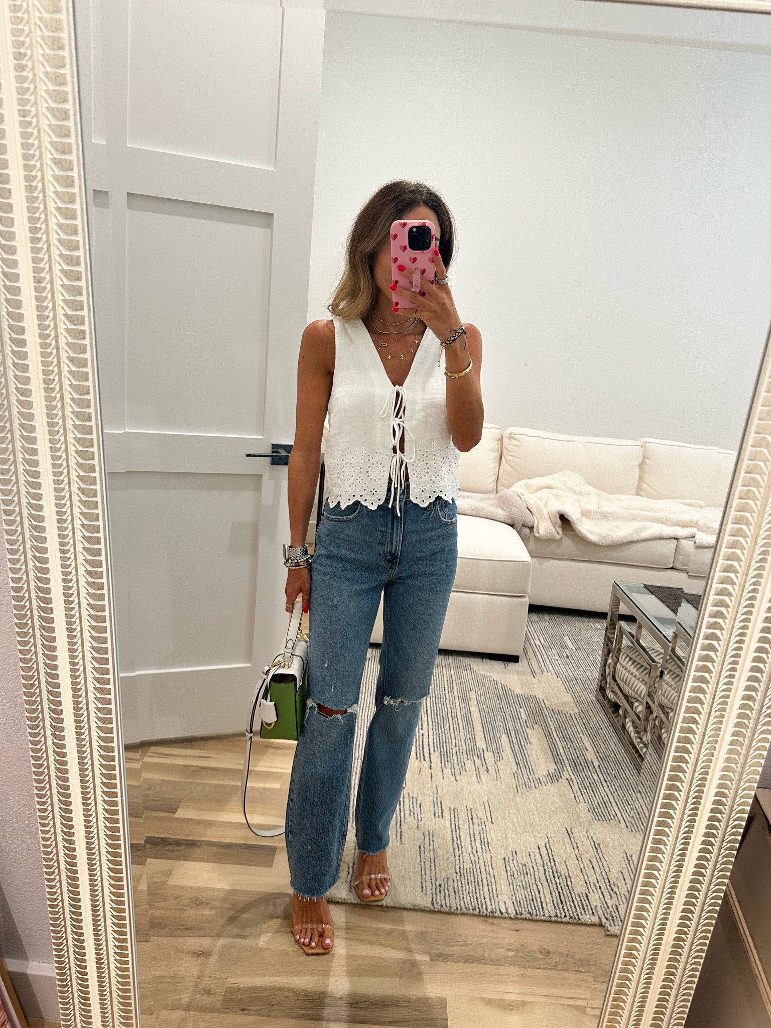 White tie top size xxs 90s straight jeans size 24 x short code AFBELBEL green and white bag 

#LTKFindsUnder50 #LTKxAF #LTKFindsUnder100