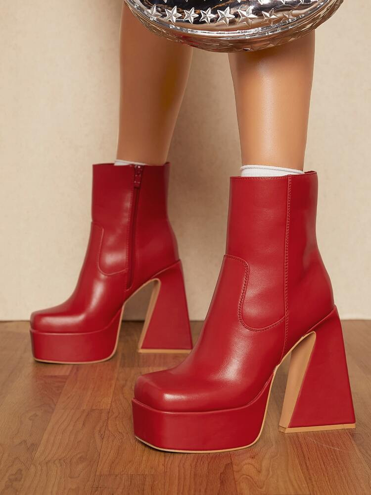 Shiny Chunky Heel Above Ankle Booties | SHEIN