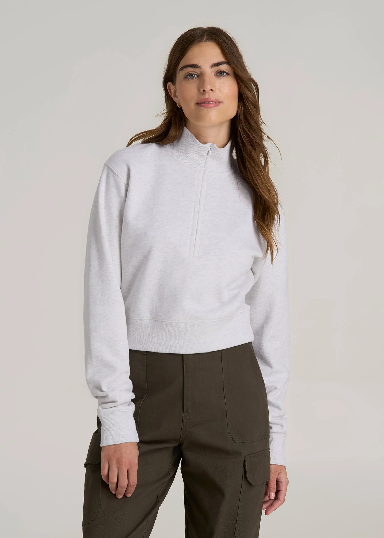 Wearever 2.0 Fleece Half-Zip Cropped Sweatshirt for Tall Women in Heather Cloud White | American Tall