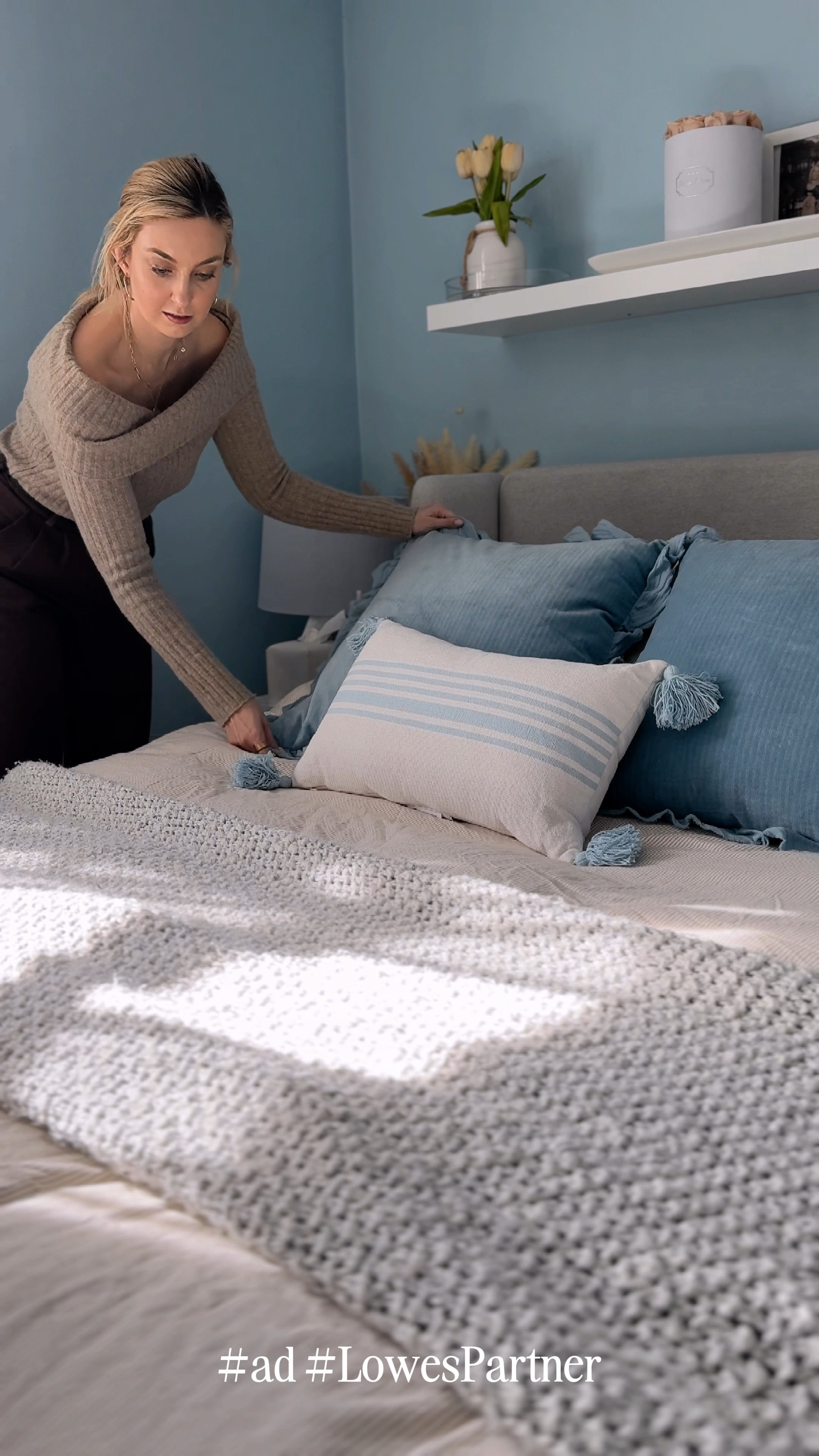 #ad My bedroom just got a coastal upgrade with these stunning blue and neutral pillows from @Lowes. #LowesPartner The blue velvet is so soft and cozy—I’m obsessed! They add such a chic and sophisticated touch, and I know they’ll be a forever favorite. #Lowes

#LTKHome #LTKWatchNow #LTKFindsUnder50
