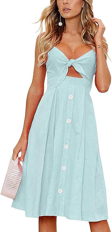 ECOWISH Women Dresses Summer Tie Front V-Neck Spaghetti Strap Button Down A-Line Backless Swing M... | Amazon (US)