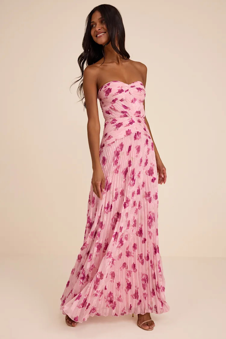 Marlene Light Pink Floral Pleated Drop Waist Maxi Dress | Lulus