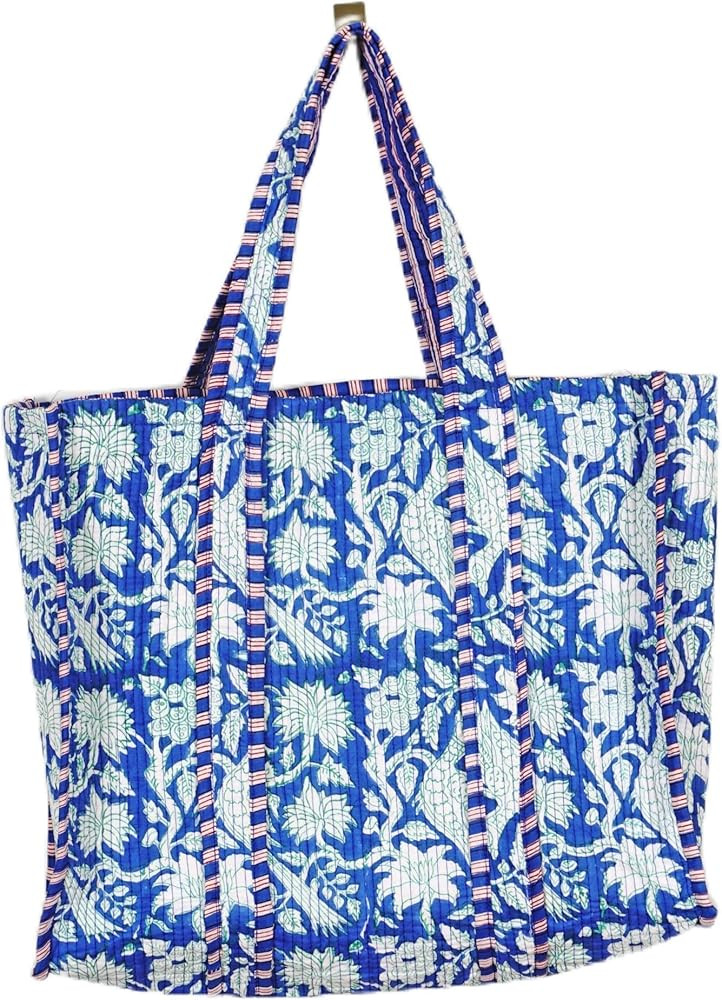 Quilted Cotton Handprinted Reversible Large multicolor Floral Tote Bag | Amazon (US)