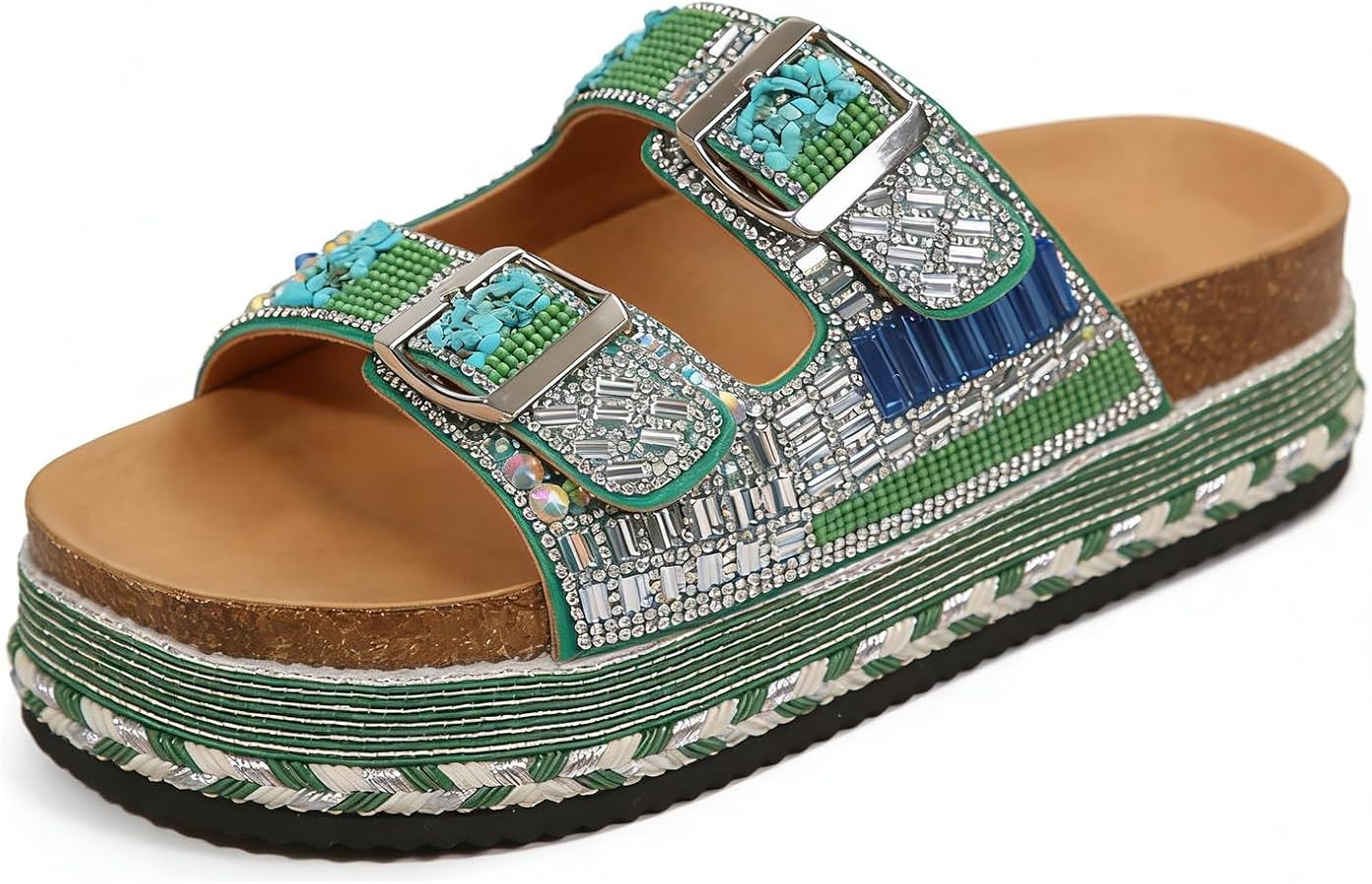 Womens Glitter Rhinestones Flat Sandals Cork Footbed Slides 2 Straps Adjustable Buckle Handmade S... | Amazon (US)