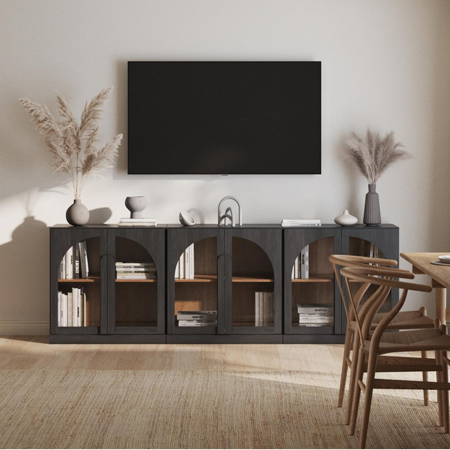 BELLEZE Bijou Set of 3 Modular Sideboard Cabinets (94.5" Extra Long) - 6-Door Media Console - Modern Arched Glass Buffet Credenza for Large Kitchen & Living Area- Ebony | Amazon (US)