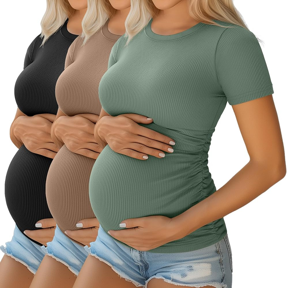 Ficerd 3 Pack Women's Maternity Shirts Cotton Short Sleeve Pregnancy Tops Side Ruched Ribbed Casu... | Amazon (US)