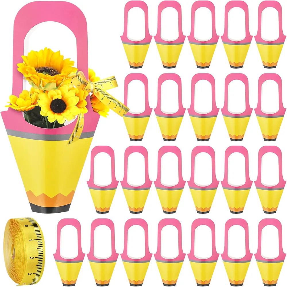 Teenyyou 24 Pcs Teacher Appreciation Week Gift Flowers Gift Bags with Handle Pencil Shaped Paper ... | Amazon (US)