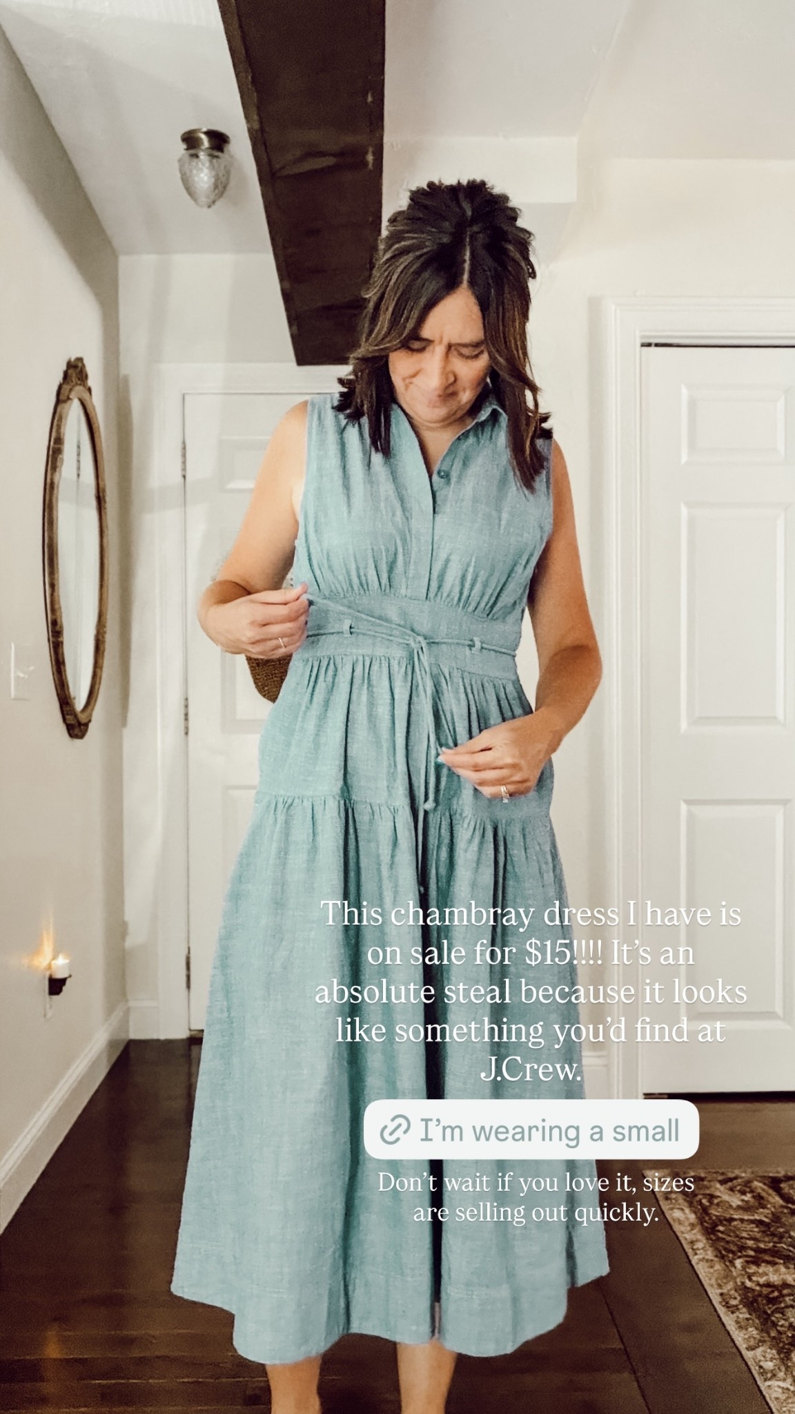 This chambray dress I have is on sale for $15!!!! It’s an absolute steal because it looks like something you’d find at J.Crew.  Don’t wait if you love it, sizes are selling out quickly.