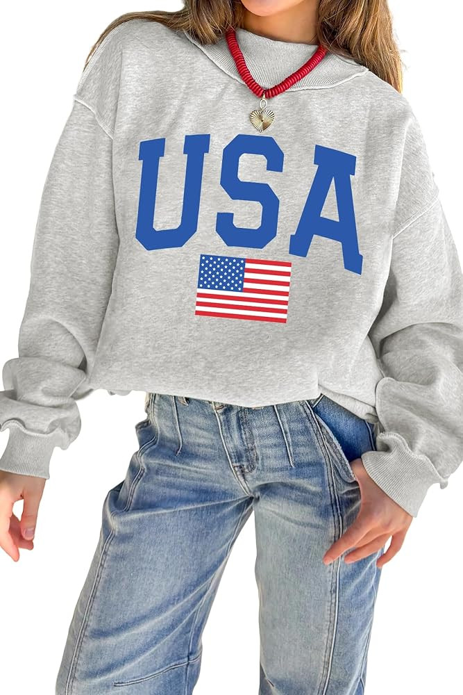 Women's Summer Tops Light Grey Mock Neck Reversible USA/America Graphic Sweatshirt Dressy Going O... | Amazon (US)