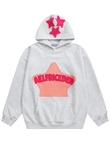 Aelfric Eden Graphic Hoodies for Men Y2K Printed Hoodie Sweatshirt Casual Oversized Long Sleeve Vintage Streetwear Hiphop Hooded Pullover Light Grey Small | Amazon (US)