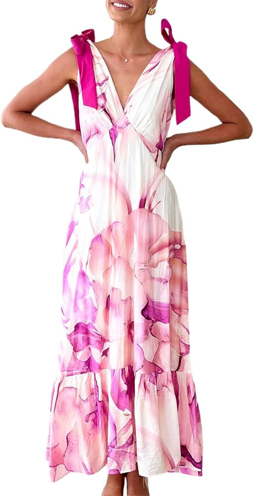 Women Y2K Floral Flowy Long Maxi Dress Tie Shoulder Spaghetti Strap Smocked Tiered Boho Swing A-l... | Amazon (US)