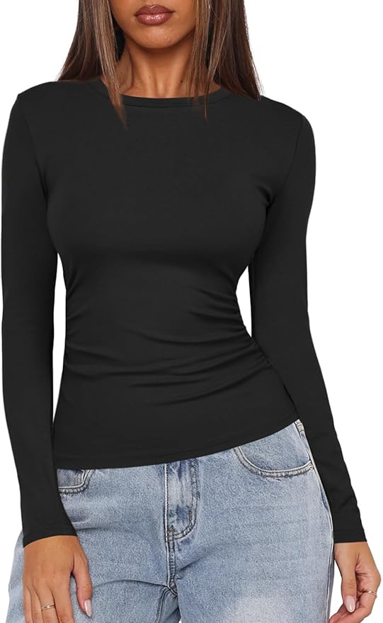 Darong Women's Long Sleeve Crew Neck Shirts Fall Basic Casual Ruched Side Slim Fit T Shirts Tee T... | Amazon (US)
