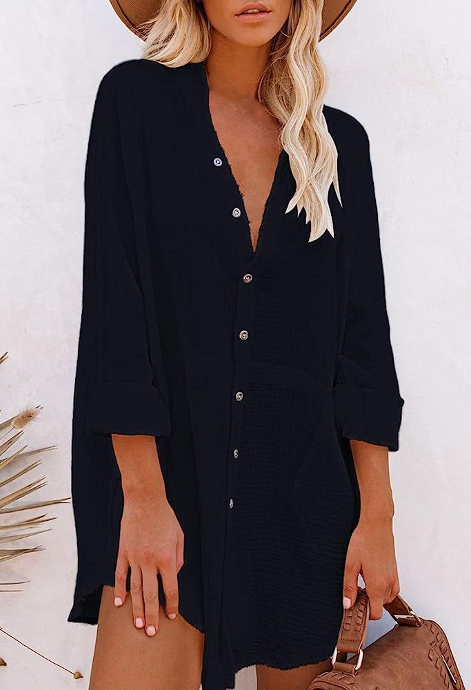 AOHITE Women's Long Sleeve V Neck Blouse Loose Button Down Shirt Mini Dress Casual Tunic Tops | Amazon (US)