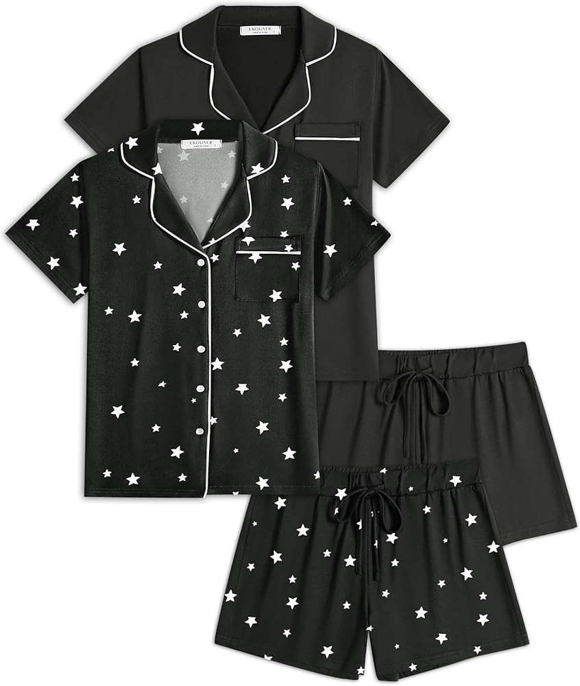 Womens Pajamas Set 2 Pack Button Down Summer Sleepwear Short Sleeve Comfy Pjs Loungewear Set | Amazon (US)