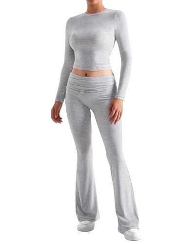 RXRXCOCO Women's 2 Piece Lounge Sets Long Sleeve Y2K Crop Tops Fold Over Flare Pants Casual Outfits Matching Sets Pajama Grey Small | Amazon (US)