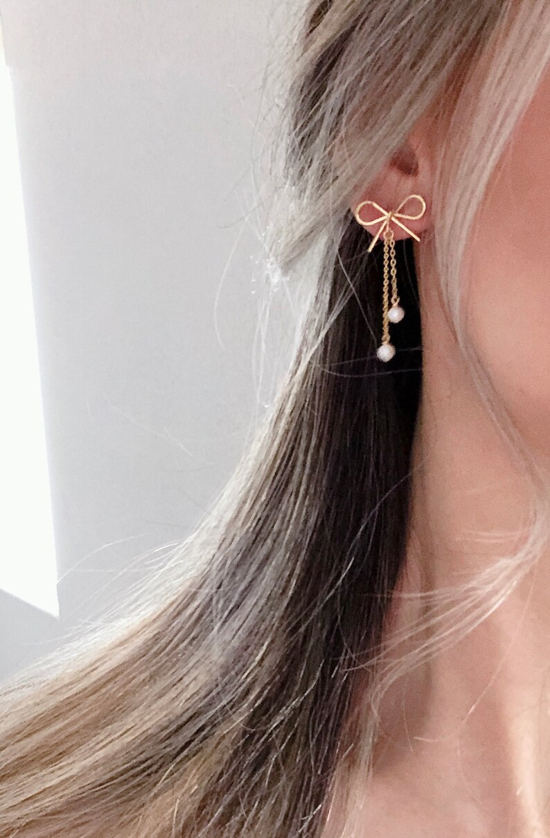 Delicate Ribbon Bow Earrings/ Lovely Pearl Earrings/ Special Gift for Her/ Bridal Earrings/ Bride... | Etsy (US)