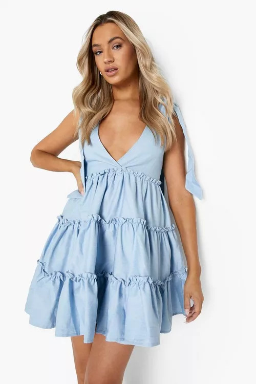 Tie Shoulder Tiered Chambray Smock Dress | Boohoo.com (US & CA)