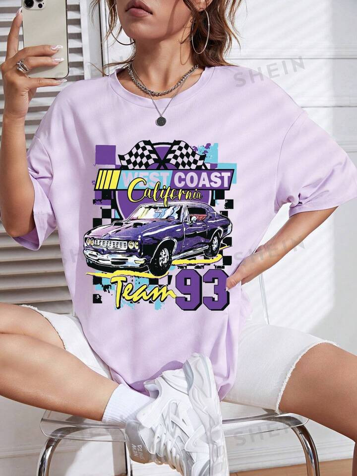 Car And Letter Graphic Drop Shoulder Tee | SHEIN