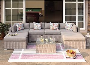 COSIEST 7-Piece Outdoor Furniture Warm Gray Wicker Family Sectional Sofa w Thick Cushions, Glass ... | Amazon (US)