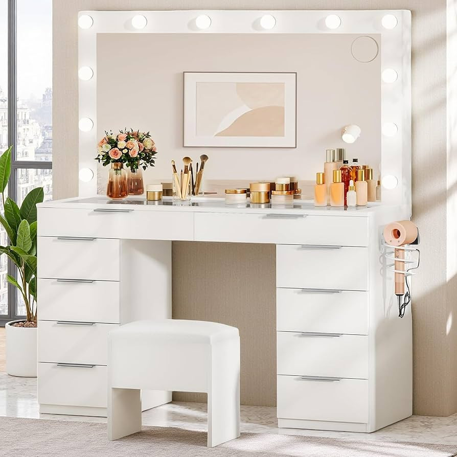 Amazon.com: DWVO 46'' Glass Top Makeup Vanity with 10 Drawers, Vanity Desk Set with Large LED Mir... | Amazon (US)