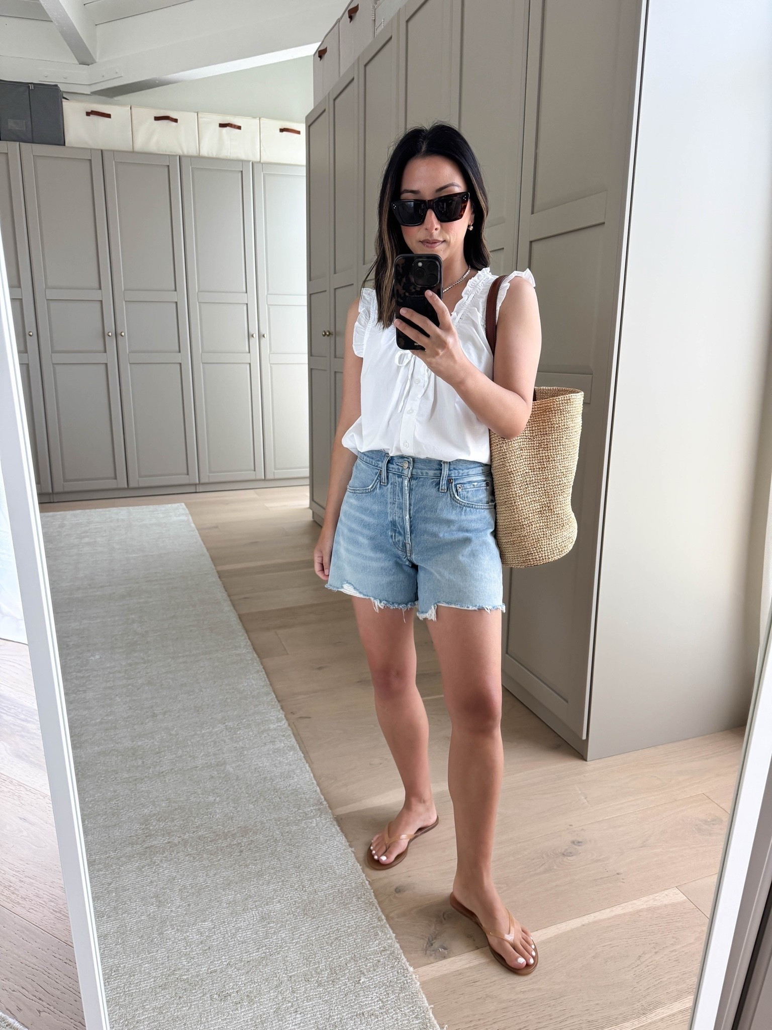Daily outfit - every piece under $200. New quince top, it’s good! Got the small so I can wash and dry it

Quince top small
Agolde Parker shorts 25
Black Suede Studio sandals 35
J.crew bucket bag
Celine sunglasses
Dorsey James necklace 15”
Electric Picks earrings

summer outfits, summer style, petite style

#LTKmomlife #LTKootd #LTKPetite