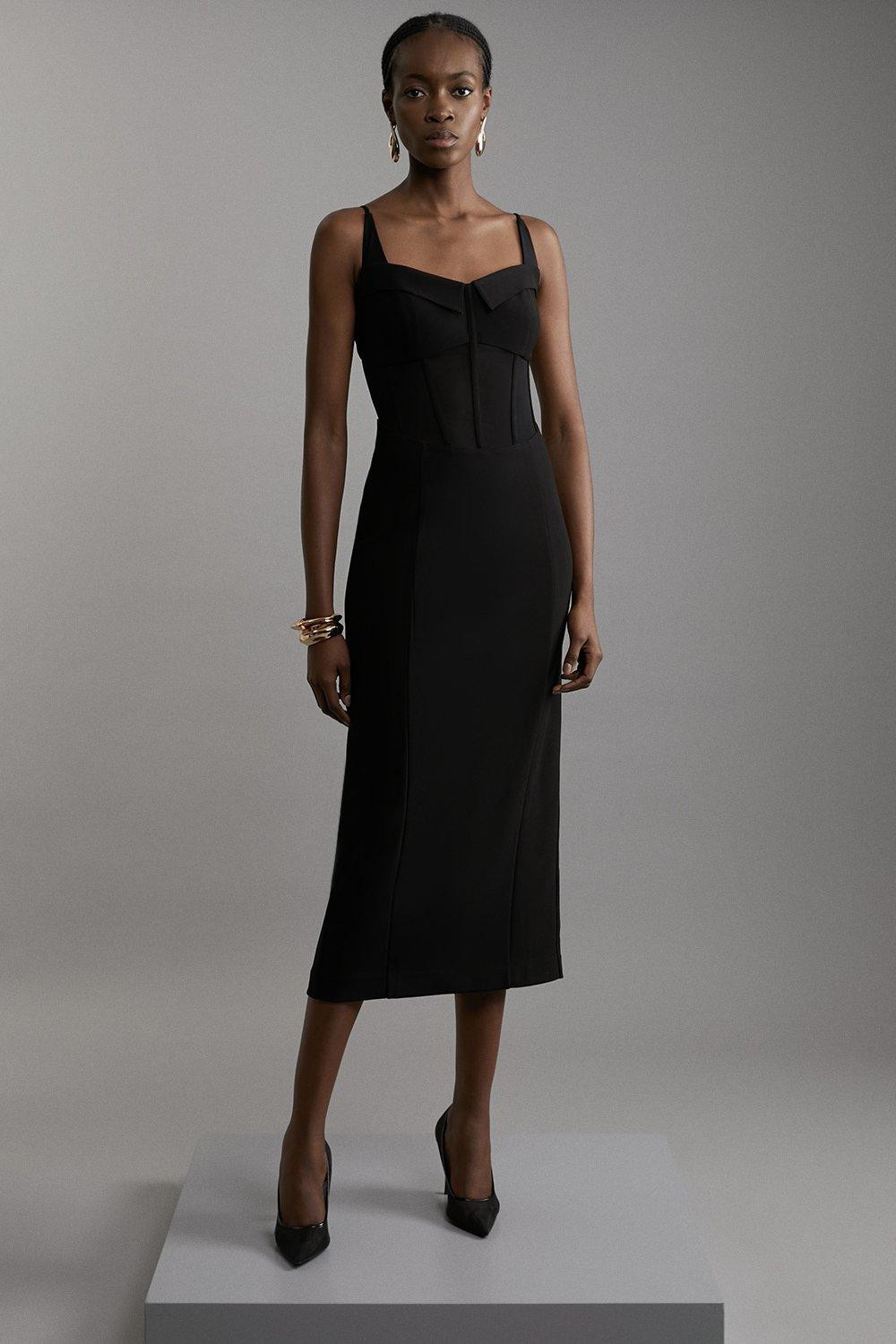 Scuba Crepe And Power Mesh Corset Detail Midi Dress | Karen Millen UK + IE + DE + NL