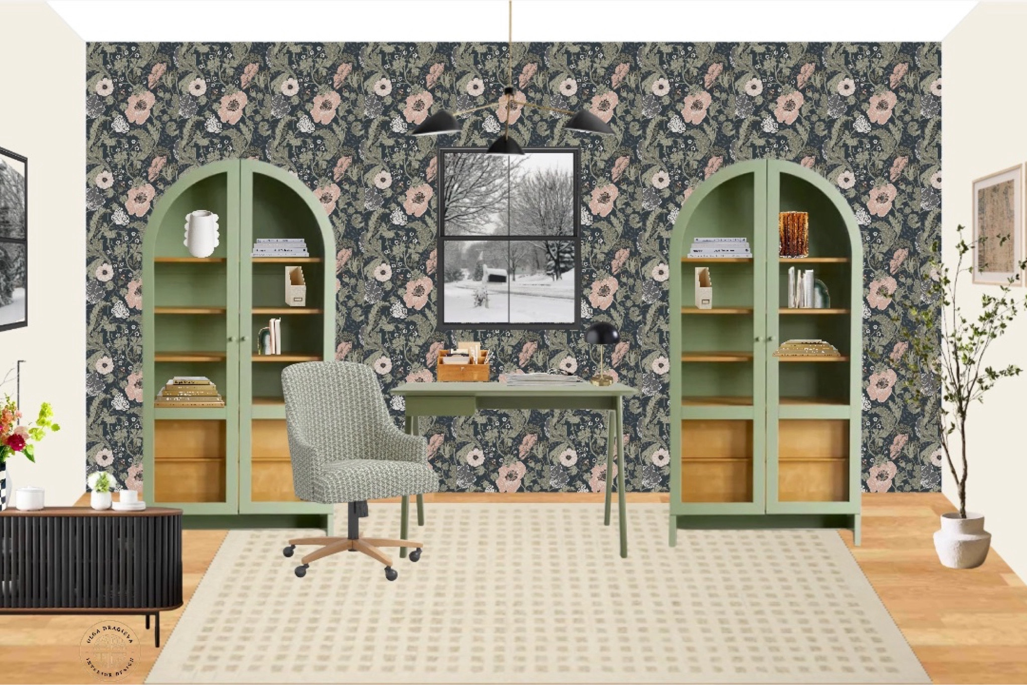 Office interior design! Who is ready for the office? I wouldn’t mind working all day in a space like this! I love this gorgeous wallpaper, the beautiful green cabinets from Urban Outfitters, a desk from Blu Dot, and an office chair from Target! Nobody says an office space should be boring! 

#LTKMostLoved #LTKhome #LTKstyletip