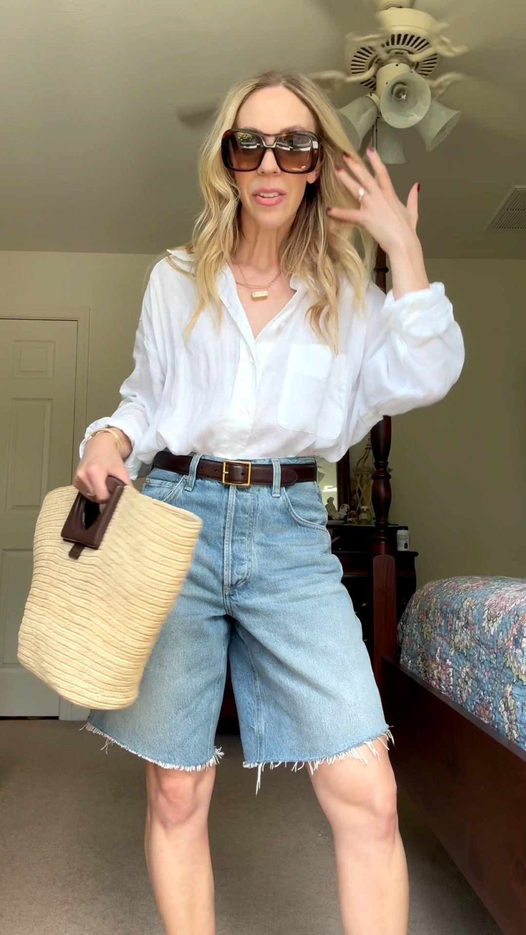 Summer outfits over 40, oversized linen shirt with denim bermuda shorts, Le Tanneur straw tote bag

#LTKootd #LTKdayinmylife #LTKgrwm