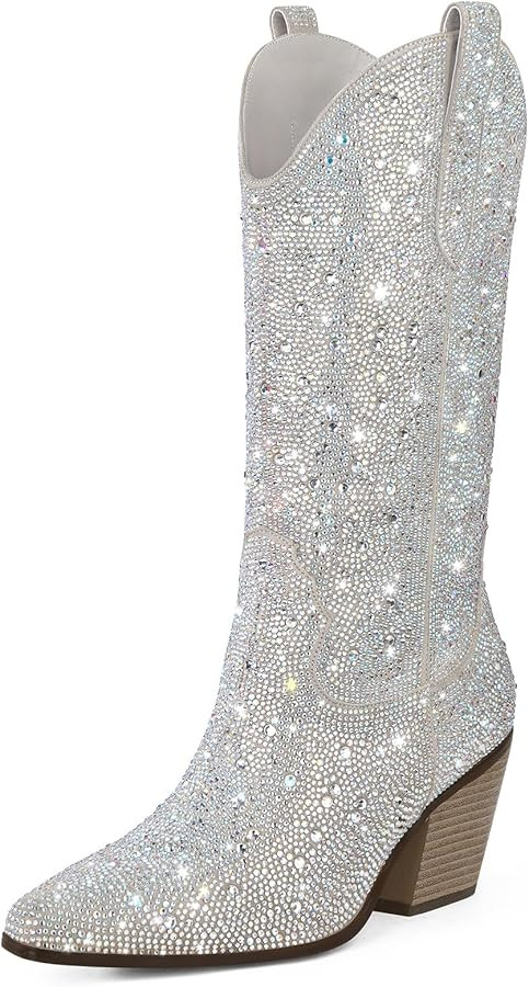 MUCCCUTE Women's Rhinestone Mid Calf Boots Sparkly Block Heel Cowboy Boots Glitter Boots | Amazon (US)
