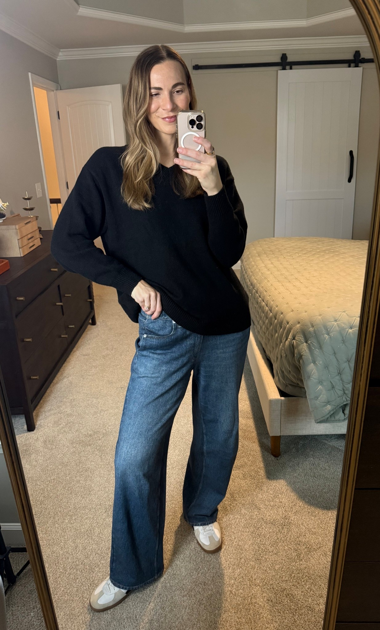 Pregnancy winter outfit inspo 
Sweatpants jeans - wearing size small (tts).
Oversized v-neck sweater - wearing size small. TTS. 

#LTKBump #LTKSaleAlert #LTKCyberWeek