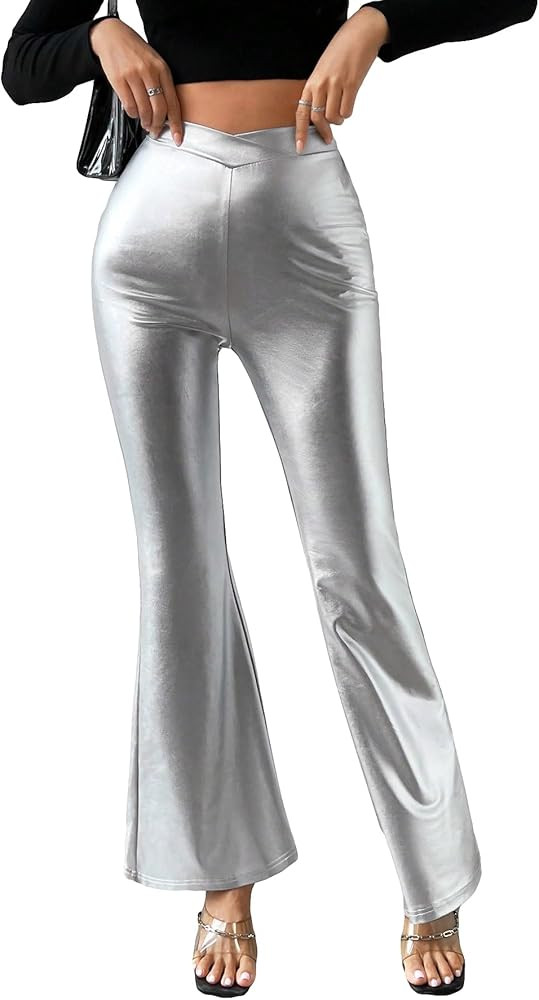 WDIRARA Women's Metallic Elastic Waist Flare Bell Bottom Stretch Party Club Pants | Amazon (US)