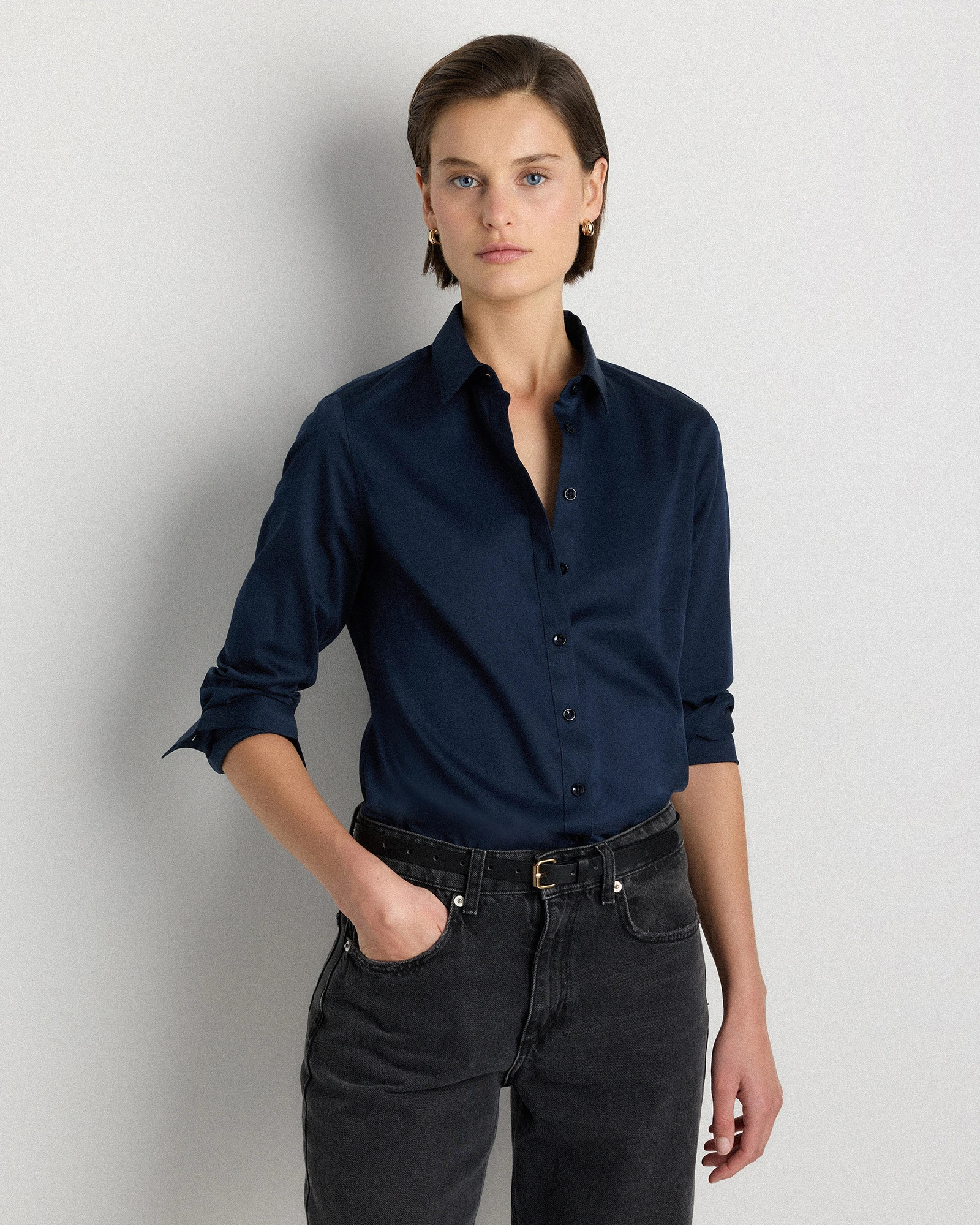 Quince | Women's Organic Stretch Cotton Tailored Shirt in Solid Navy, Size XS, Organic Cotton | Quince