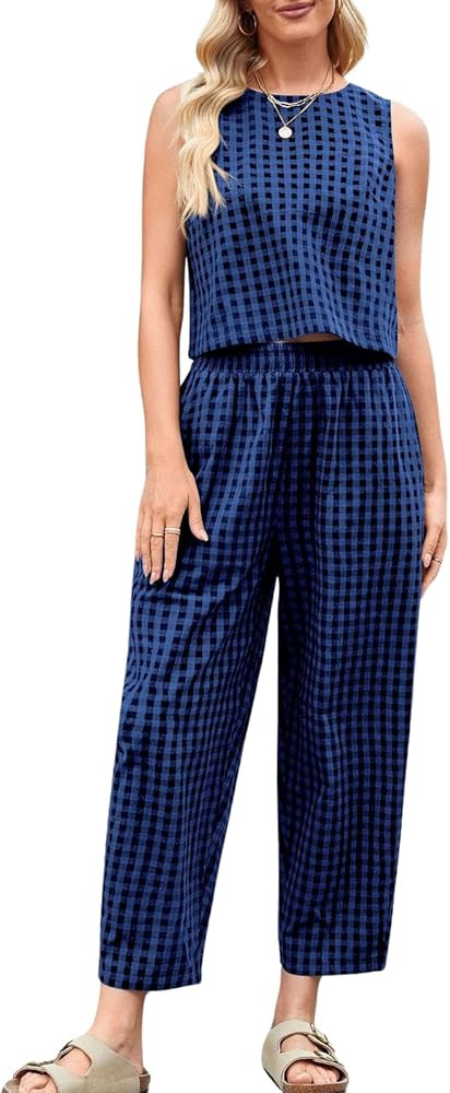 Womens Cotton Gingham 2 Piece Outfit Summer Tank Top Pants Matching Casual Beach Lounge Set | Amazon (US)