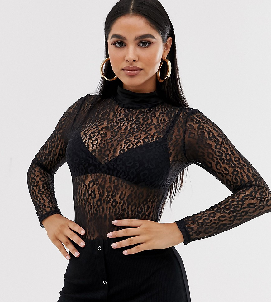 Club L London Petite sheer bodysuit in black leopard print-Brown | ASOS (Global)