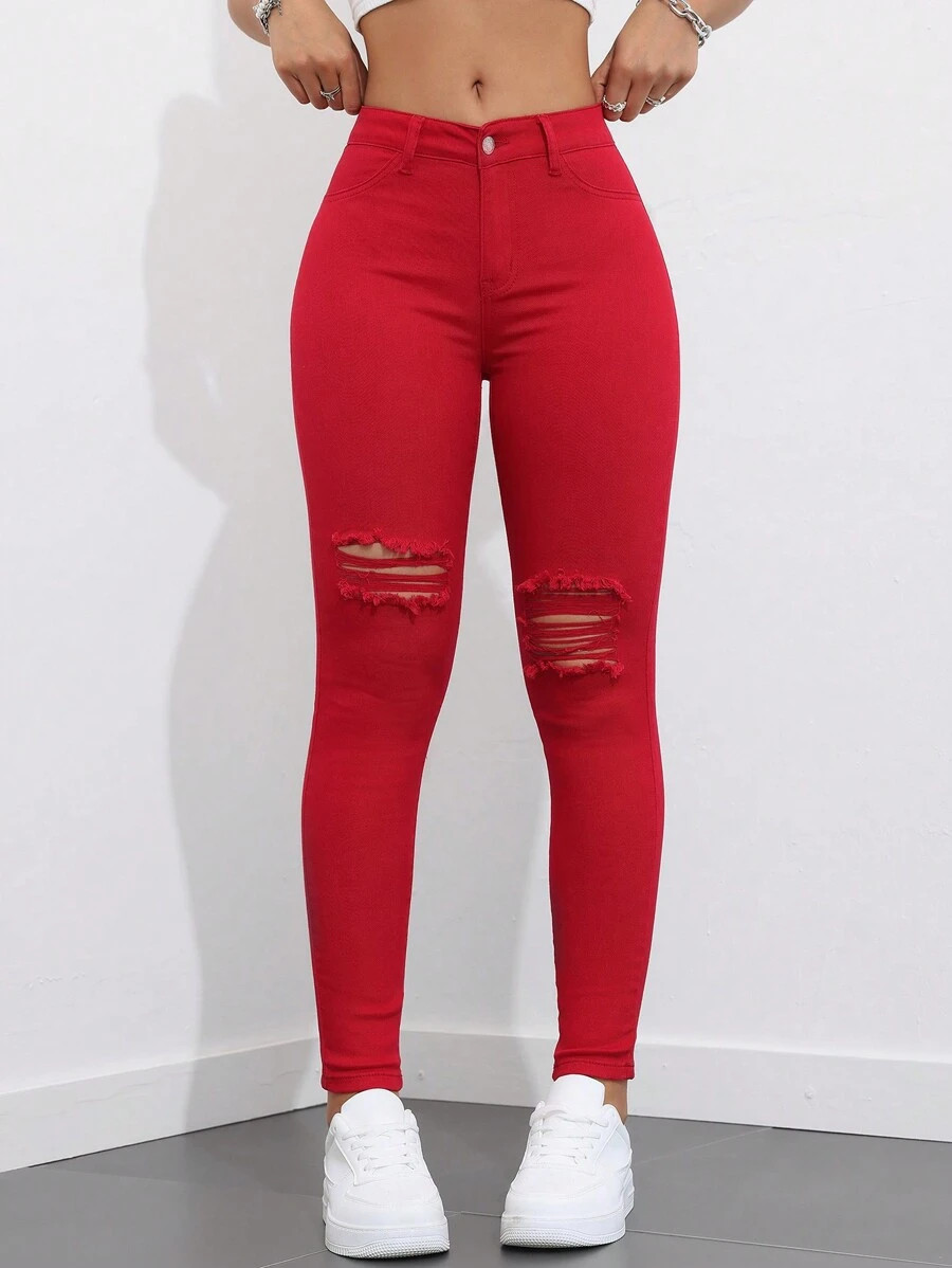 SHEIN ICON Women's Ripped Edges Skinny Jeans With Frayed Hem Skinny Cropped Red Cotton Curvy Skin... | SHEIN