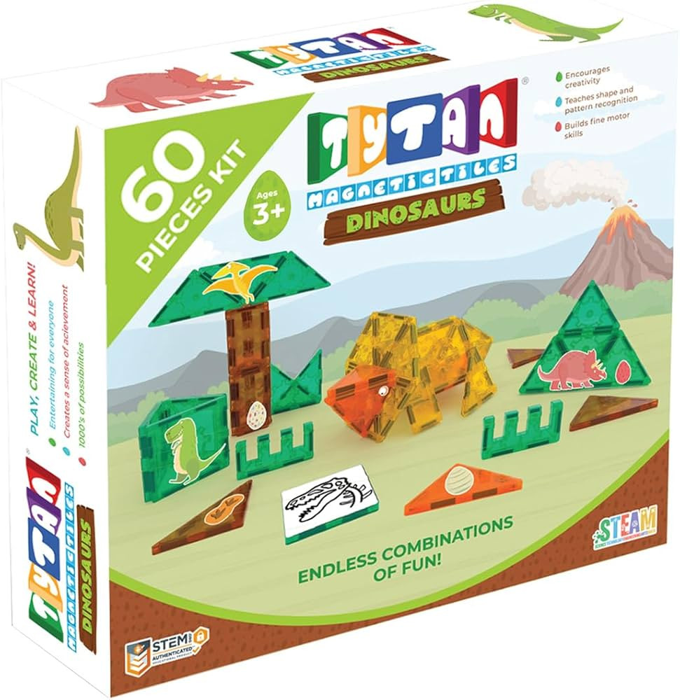 Tytan Tiles Dinosaurs 60-Piece Magnetic Tiles Building Set, Dino Safari Land Kids’ STEM Toy, Cr... | Amazon (US)