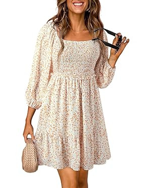 Dokotoo Womens Summer Fall Dresses 2024 Boho Floral Square Neck Smocked 3/4 Sleeve Casual A-Line ... | Amazon (US)