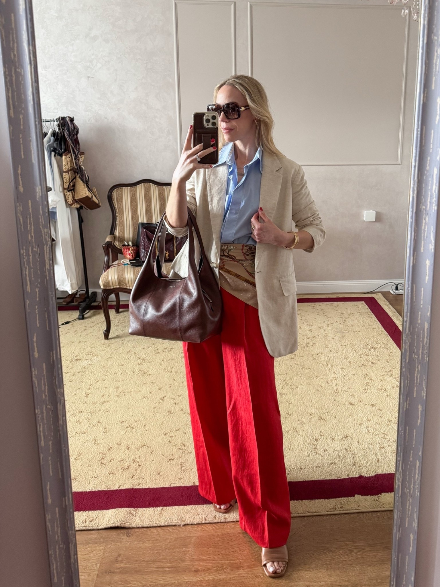 Work look of the day ❤️ 

Business casual workwear, summer workwear, silk scarf worn as belt, red pants, tomato red, linen blazer, Le Tanneur handbag, style over 40

#LTKWorkwear #LTKootd #LTKOver40