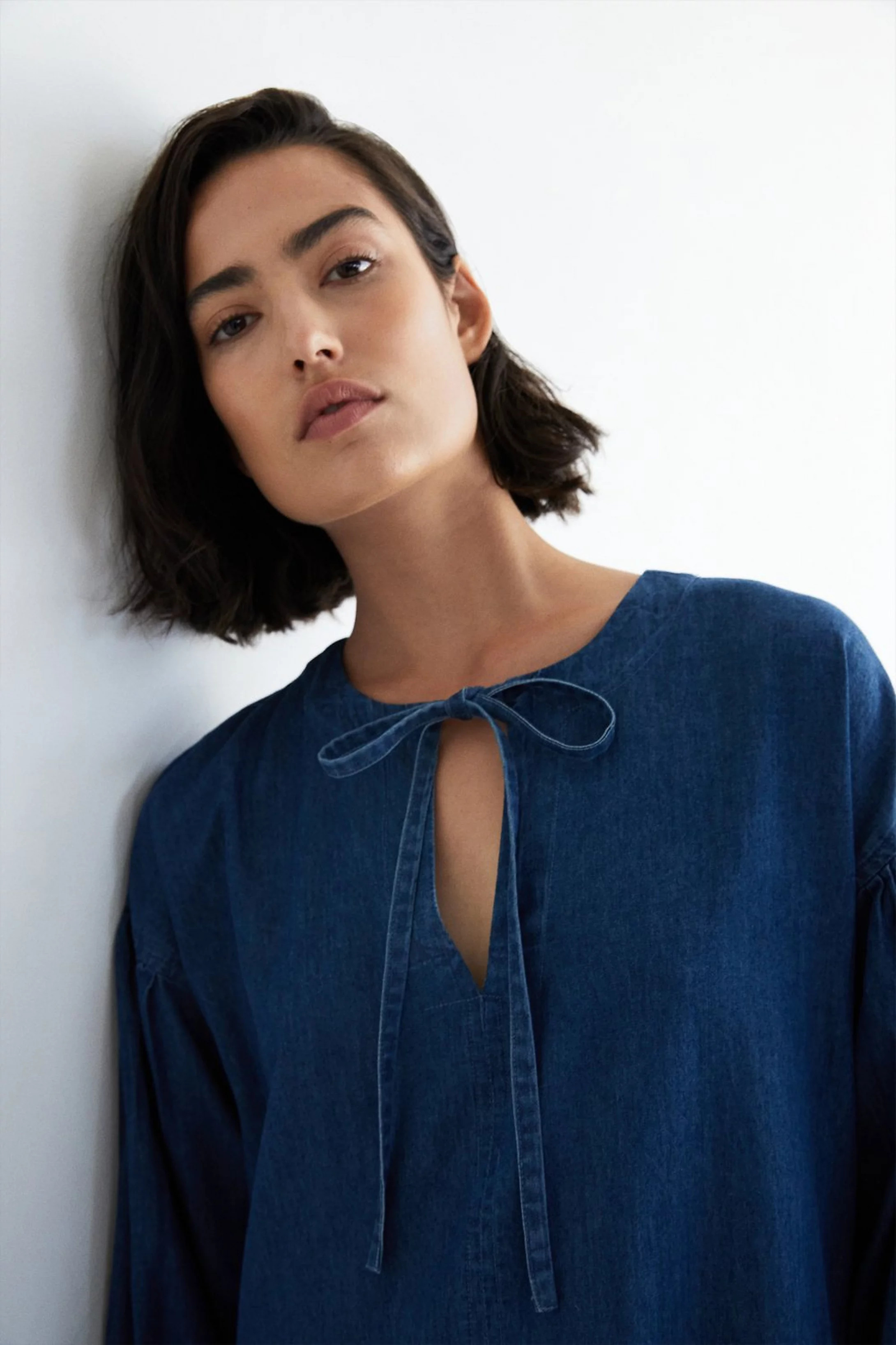 Denim Tie Neck Trapeze Midi Dress | Warehouse UK & IE