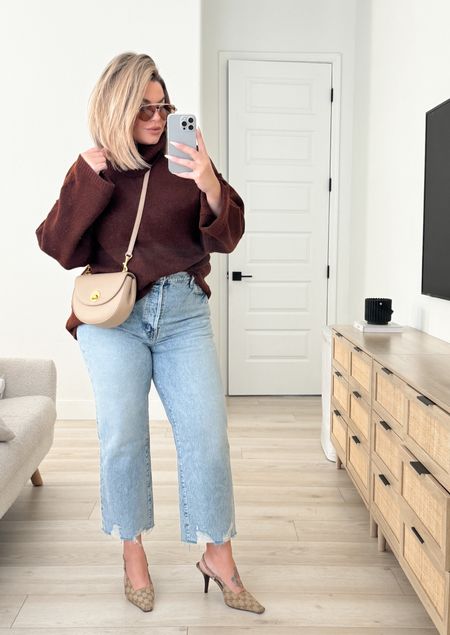 Sweater XL 
Jeans 33 ( size up one size ) no stretch but the fit is amazing LOVE them ! 
Heels size up one size. 
#amazon #denim #pistola #gucci #slingback #heels #midsize 

#LTKmidsize #LTKstyletip #LTKfindsunder100