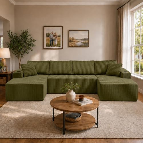 125.1" Modular Sectional Cloud Couch for Living Room, Modern Boneless Couch U Shaped Sofa with Side Pockets & Cup Holder, Deep Seat Memory Corduroy Foam Compressed Sofas for Apartment, Green | Amazon (US)