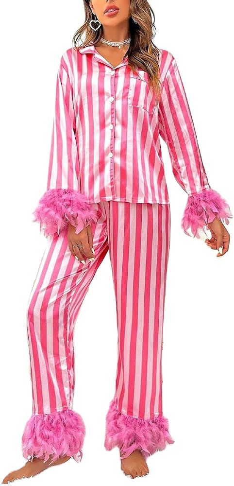 Juakoso Christmas Flannel Pajamas Set for Women Feather Trim Long Sleeve Shirt and Wide Leg Pants... | Amazon (US)