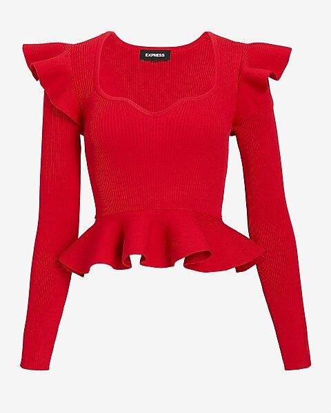 Ribbed Sweetheart Neckline Ruffle Peplum Sweater | Express