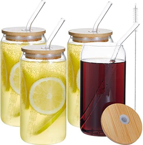 BEWBBAT Can Glass, 4 Pack 16 oz Can Shaped Beer Glass Cup with Bamboo Lid and Reusable Glass Stra... | Amazon (US)