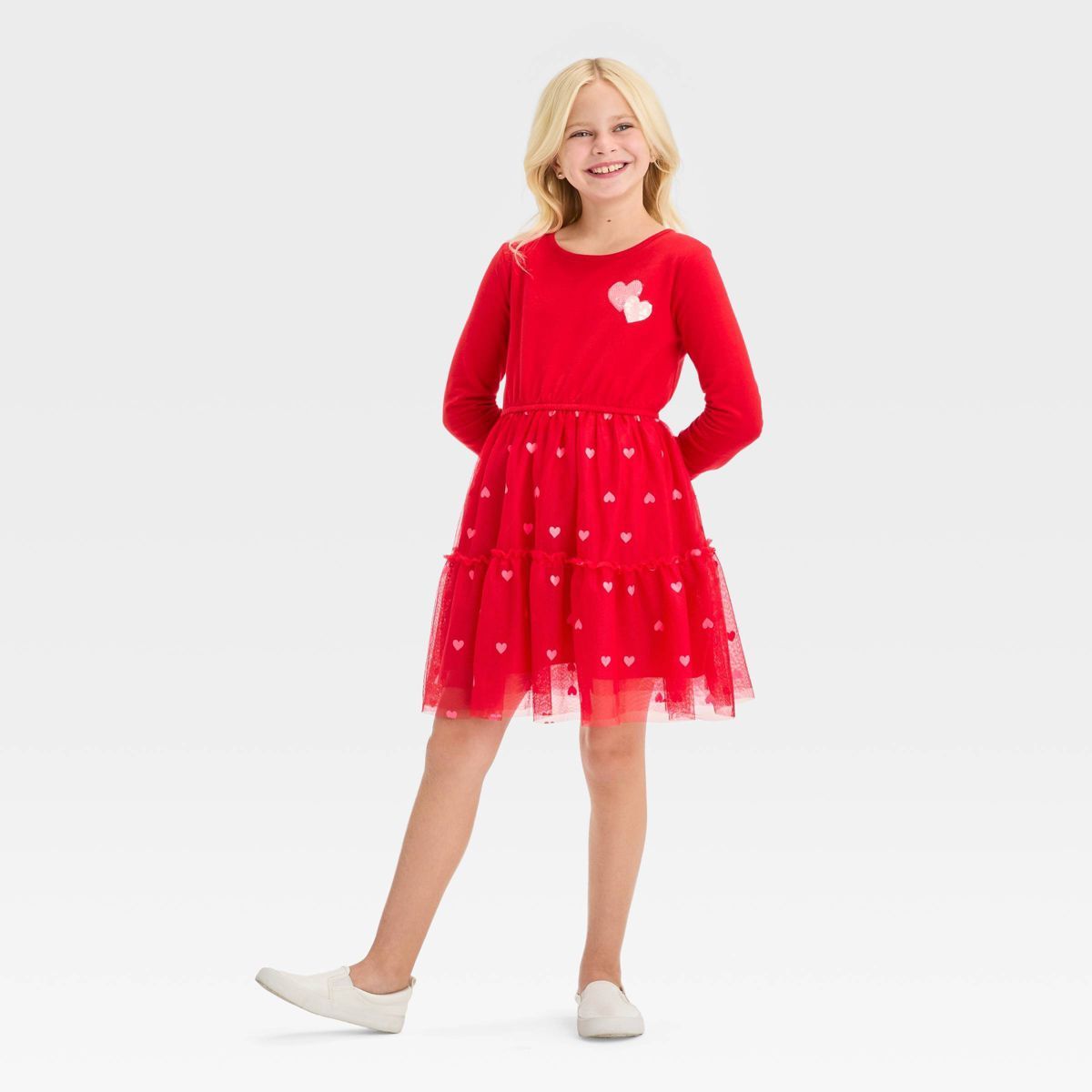 Girls' Long Sleeve Valentine's Day Tulle Skirt Hearts Dress - Cat & Jack™ Red | Target