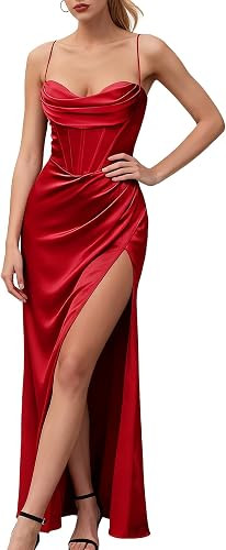 Womens Slip Satin Red Maxi Dress Sexy High Slit Backless Lace Up Elegant Wedding Guest Corset Mot... | Amazon (US)